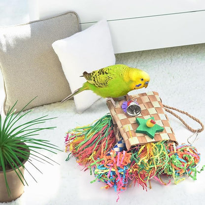 Bissap Bird Chew Toys, Parrot Foraging Shredder Natural Palm Frond Hanging Cage Toy for Conure Lovebird Budgie Cockatiel African Gray Cockatoos Amazon and Similar Sized Pet Birds - Flat Square
