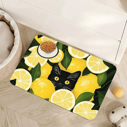 Black Cat Funny Dog Food Mat for Floors,Lemon Absorbent Pet Food and Water Bowl Mats,Non-Slip Pet Feeding Mat,Pet Supplies 16" x 24"