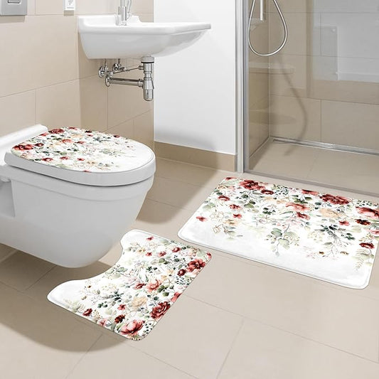 4 PCS Red Burgundy Floral Flower Shower Curtain Set 72Wx72H Inch Watercolor Pastel Complete Bathroom Set Non-Slip Bath Rug Toilet Lid Cover and U Shape Mat Accessories 12 Hooks Bathoom Decor
