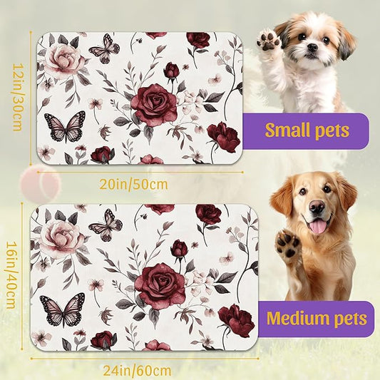 Vintage Flower Butterfly Dog Cat Food Mat, Absorbent Feeding Placemat, Waterproof Non-Skid Bottom – 16x24 Inch