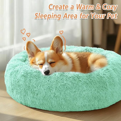 JOLLYVOGUE Calming Dog Bed Medium Size Dog, Anti-Anxiety Donut Medium Pet Bed, 27 inches Fluffy Faux Fur Round Cat Bed (Mint Green)