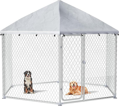 9.1x9.1 FT Outdoor Dog Kennel Heavy Duty Dog Enclosure with Waterproof Cover and Security Lock, Galvanized Wire Mesh Hexagonal Large Dog Kennel(109.4x109.4x95.3IN)