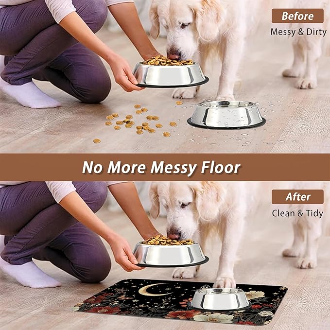 Moon Butterfly Pet Feeding Mat,Vintage Garden Luxury Absorbent Quick-Dry Cat Dog Food and Water Bowl Mats,Non-Slip Rubber Backing Mat,Cat Dog Accessories Supplies 12"x20"