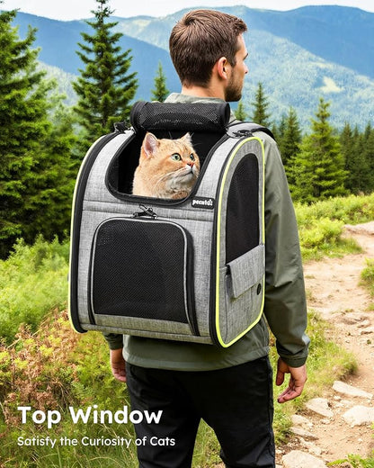 Pecute Cat Backpack Carrier Expandable , Foldable Pet Backpack for Cats & Small Dogs Up to 11lbs, with 4-Side Breathable Mesh, Multi-Entry & Lockable Zippers for Travel, Hiking, Camping - Hands Free,