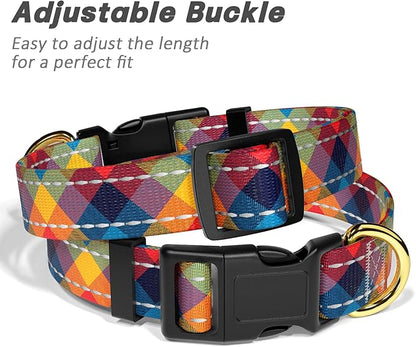 Reflective Dog Collar for Medium Dogs, Cute Boho Adjustable Heavy-Duty Nylon Puppy Collar for Boy and Girl Female, Soft Pet Accessories with Quick Release Buckle, Colorful Tartan