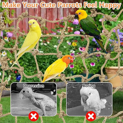 Tfwadmx Natural Bird Rope Net, Large Size - 24''X24'' Parrot Swing Hammock, Bird Climbing Ladder Hanging Cage Perch Chew Toys for Budgies Macaw Conure Finch Cockatoo Budgie African Grey Parakeet