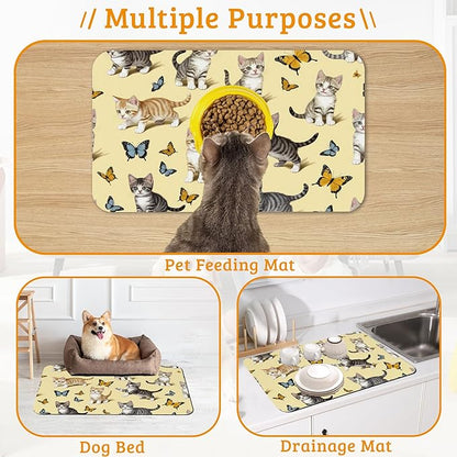 Dog Bowl Mat,Cute Cats Pet Feeding Mat for Floors Waterproof,Butterfly Absorbent Dogs Placemat for Food and Water Quick Dry Pet Cat Feeding Mats with Non Slip Bottom 16" x 24"