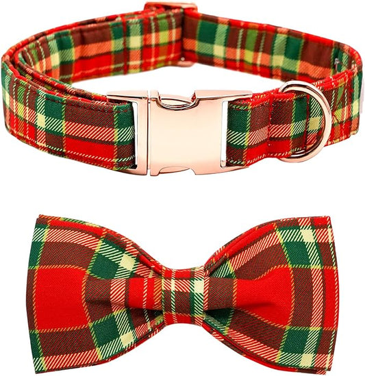 Dog Collar - Christmas Red Plaid Dog Collars Bowtie Gift Puppy Cute Soft Collar with Bow Adjustable Metal Buckle Pet Collar for Small Dogs