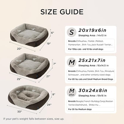 Bedsure Washable Dog Bed Small Dog＆Cat- Rectangle Fluffy Plush Kitten Puppy Bed, Comfy Corduroy Fleece and Nonskid Bottom,20x19x6inches,Suitable for Pet Up to 15lbs,Brown