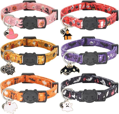 Halloween Cat Collar, Cotton 2 Pack Cat Collar with Bells, Breakaway Collars for Girl Boy Cats Kittens, Halloween Purple