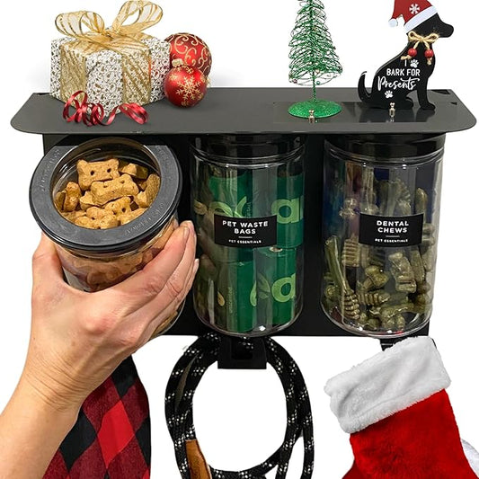 Dog Treat Holder For Wall Storage For Pets, Premium Pet Wall Organizer, Includes Three 32oz Airtight Dog Treat Jars, 3 Sets of Triple Hooks, Sturdy Shelf in Modern Black