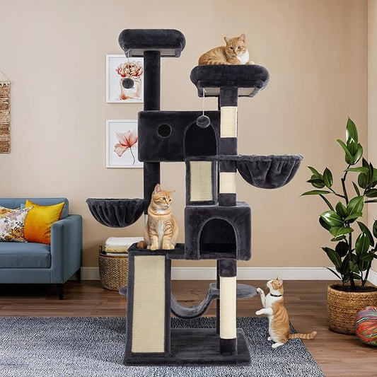 WEEWAY Cat Tree Tower for Indoor Cats,65'' Multi-Level Cat Furniture Activity Center,Stand House Condo Cave,Sisal Scratching Posts Ramps,Plush Perches Platforms Basket Hammock, Dark Grey