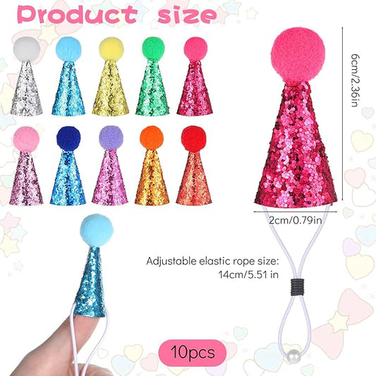 10PCS Small Party Hats for Stuffed Animals, Mini Birthday Hats for Stuffed Animals, Dogs, Cats, Adjustable Tiny Hat with Pom Poms, Holiday Birthday Costume Accessories