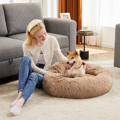 Sweetcrispy Donut Dog Bed, XL Large Round Calming Cat Bed with Washable Waterproof Cushion, Anti-Anxiety & Anti-Slip Fluffy Cuddle Cozy Faux Fur Plush for Pet Puppy Indoor Sleeping(37.4"x3.47",Brown)