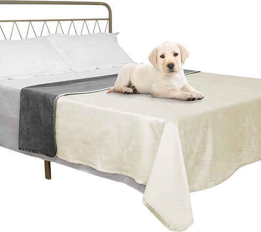 Ameritex Pet Bed Blanket Reversible 100% Waterproof Velvet Super Soft for Sofa and Bed (68x82 Inches, Cream+Grey)