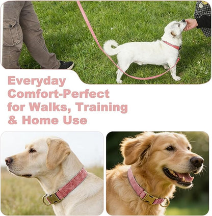 Genuine Leather Dog Collar - Adjustable Pet Collar with Quick Release Metal Buckle, Soft Skin Friendly Real Leather Collar for Small, Medium, Large Dogs (Pink Collar + Rope, S：Fit 8-16" Neck)