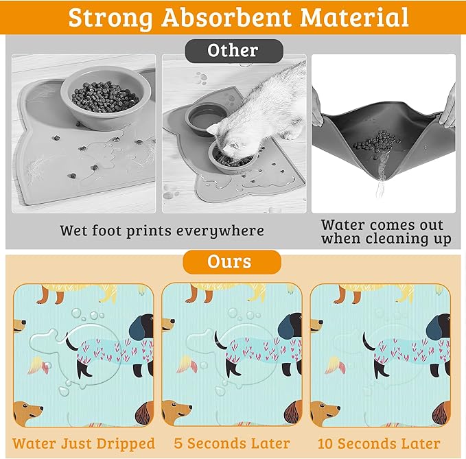 Dachshund Dog Cat Food Mat,Absorbent Waterproof Placemat for Food and Water Non Slip Rubber Backing Durable Feeding Pad for Clean Floors 12" x 20"