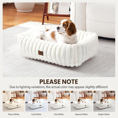 Washable Dog Bed for Small Medium Dogs - Rectangle Orthopedic Corduroy Fleece Pet Bed with Removable Cover and Nonskid Bottom, Calming Puppy Bed Soft Pet Sofa, Cream(25x21x7inchs)