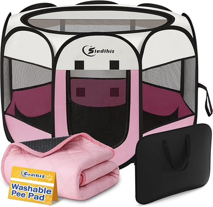 Dog Cat Playpen, Puppy Pet Playpen Indoor for Dog Crate Tent Cage Outdoor, Portable Pop Up Dogs Enclosure Kennel with Carrying Case for Dogs/Cats/Rabbits (Pink with Pad, Medium)