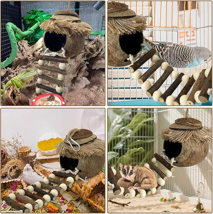 PINVNBY Hanging Coconut Bird Nest Hut with Ladder, Natural Coconut Hide Lovebird House Fruit Wood Bird Swing for Parakeet Cockatiel Budgie Conure Canary Finch Budgies