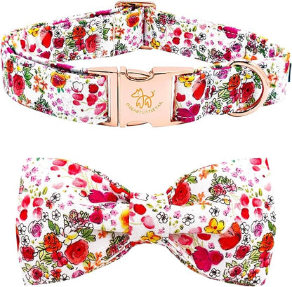 Elegant little tail Dog Collar, Pink Rose Print Pet Collar Summer Dog Collar Durable Metal Buckle Dog Collars Cotton Pet Adjustable Dog Collars for Large Dogs