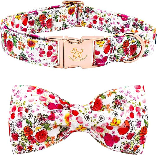 Elegant little tail Dog Collar, Pink Rose Print Pet Collar Summer Dog Collar Durable Metal Buckle Dog Collars Cotton Pet Adjustable Dog Collars for Large Dogs