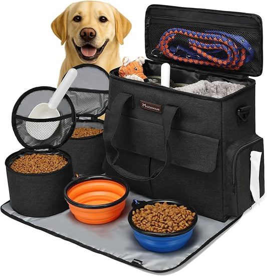 Dog Travel Bag by Modoker - Dog Travel Kit for a Weekend Away Set Includes Pet Travel Bag Organizer for Accessories, 2 Collapsible Bowls, 2 Travel Food Container (Black)
