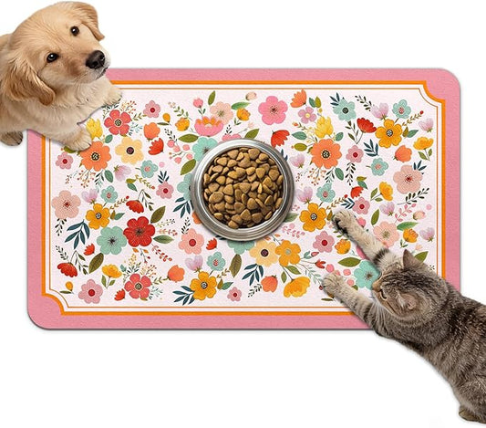 Dog Food Mat for Bowls, Absorbent Quick Dry Dog Cat Mats for Food and Water, Non-Slip Backing Pet Mat Pet Supplies - Pink Floral Pattern