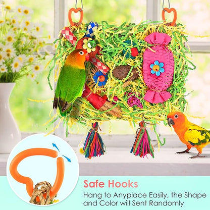 KATUMO Bird Toys - Large-Sized Grass Mat with Colorful Parrot Foraging Shredder Hanging Toys for Conure and Other Birds