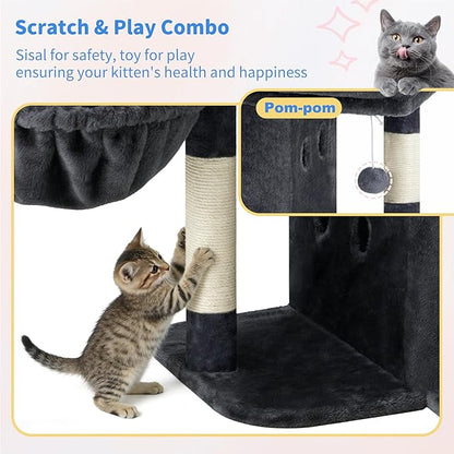 Heybly Cat Tree, 25.6-inch Cat Tower with Spacious Top Perch for Large Cats, Stair-Style Cat House Furniture with Dual-Layer Condos, Sisal Scratching Posts, Cozy Basket & Pompom, Smoky Gray HCT204SG