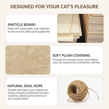 9-in-1 Cat Wall Shelves, Wall Mounted Cats Furniture Set with Plush Fabric, Cat Climbing Wall Systems, Cats Shelf Furniture with Condos, House, Steps, Bridge Ladder, Scratching Post, Beige