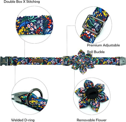 Lionheart glory Dog Collar Darkblue Flower Dog Bow Collars Floral Dog Collar with Flower Male or Female Spring Fall Pet Gift Durable Adjustable Dog Collar for Medium Dogs, B:Garden