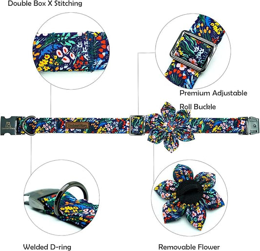 Lionheart glory Dog Collar Darkblue Flower Dog Bow Collars Floral Dog Collar with Flower Male or Female Spring Fall Pet Gift Durable Adjustable Dog Collar for Medium Dogs, B:Garden