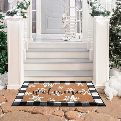 Tinideya 2 Pcs Winter Door Mat Outdoor Snowflake Welcome Mats for Front Door Non Slip Winter Coir Doormat Layering Black White Check Rug for Outside Front Porch Entryway Decor