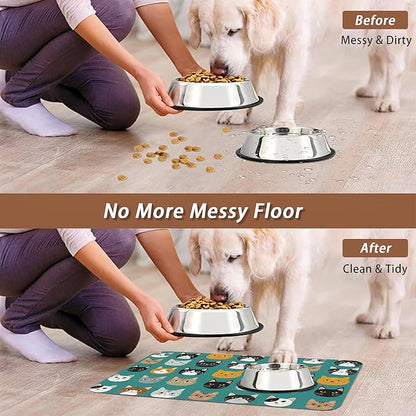 Cute Cat Dog Food Mat,Absorbent Pet Feeding Mat with Rubber Backing,Non-Slip Water Bowl Placemat,Indoor Pet Accessories Supplies 16"x24"
