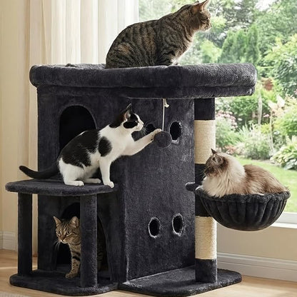 Heybly Cat Tree, 25.6-inch Cat Tower with Spacious Top Perch for Large Cats, Stair-Style Cat House Furniture with Dual-Layer Condos, Sisal Scratching Posts, Cozy Basket & Pompom, Smoky Gray HCT204SG