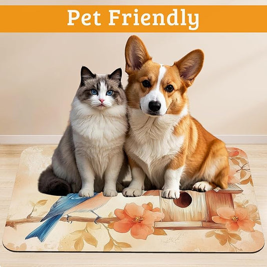 Dog Bowl Mat,Blue Bird Pet Feeding Mat for Floors Waterproof,Fall Leaves Absorbent Dogs Placemat for Food and Water Quick Dry Pet Cat Feeding Mats with Non Slip Bottom 12" x 20"
