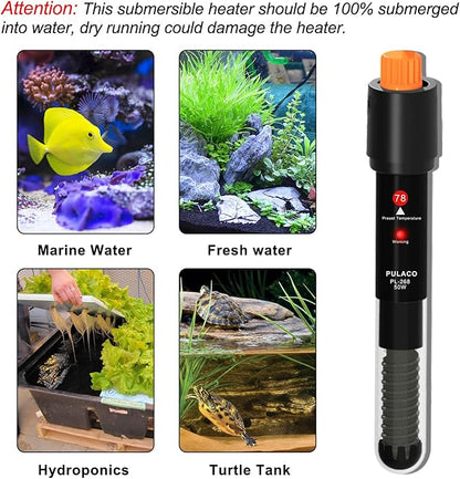 PULACO 50Watt Aquarium Heater for 6-15 Gallon Fish Tank, Adjustable Submersible Heater Thermostat with Thermometer Strip and Suction Cup
