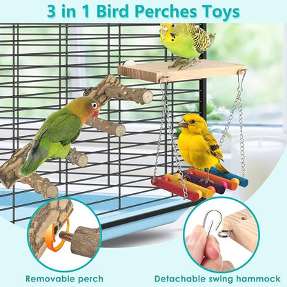 3in1 Bird Perch Toys for Parrots, Wooden Ladder Perch for Cage, Parrot Platform Stand Colourful Swing Hammock Climbing Bridge Exercise Cage Accessories for Budgies Cockatiels Lovebirds Hamster