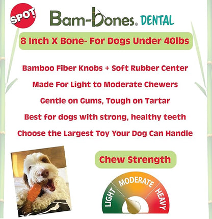 SPOT Bam-Bones Dental X-Bone - Made with Bamboo Fiber and a Massaging Rubber Center, Durable Oral Care Dog Chew for Light Chewers & Teething Puppies under 40lbs, 8in Allergen Free Peanut Butter Flavor
