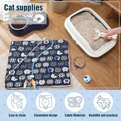 Eccliy Kitten Starter Kit, 10 Pcs Cat Starter Kit for Indoor Cats Kitten Essentials Includes Litter Box, Pet Toy, Folding Carrier, Climbing Frame, Mat, Collar, Automatic Food Bowl (Classic,Dark Blue)