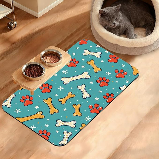 Dog Paws Cat Food Mat,Bones Absorbent Pet Feeding Mat for Food and Water Bowl,Quick Dry Dog Placemat Non Slip Rubber Backing Waterproof Pet Supplies 12" x 20"
