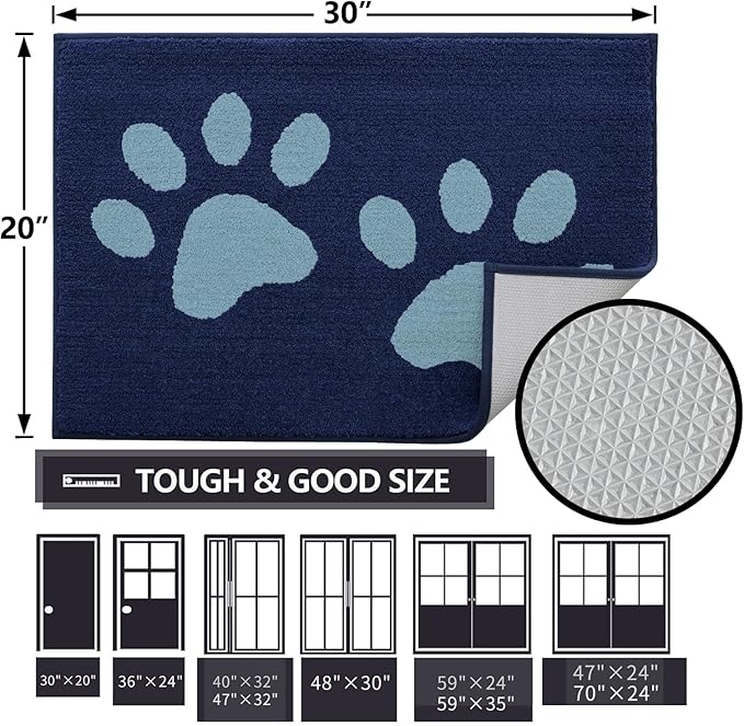 Buganda Dog Door Mat for Muddy Paws, Absorbent Dirt Trapper Washable Indoor Doormats, Non Slip Low-Profile Mud Mat for Dogs, Front Entrance Doormat for Inside Floor (30x20 Inches, Dark Blue)