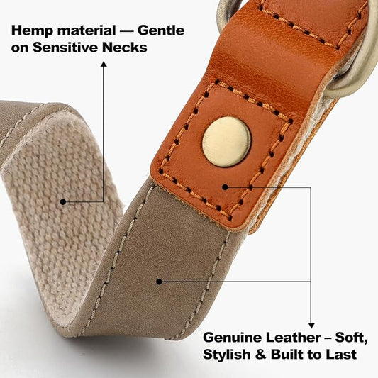 Plutus Pet Genuine Leather & Hemp Dog Collar – Adjustable Heavy Duty Pet Collar with Quick Release Metal Buckle, Soft & Stylish for Puppy and Small, Medium, Large Dogs (Ash Brown, XS)