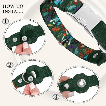 AirTag Dog Collar for Small Medium Large Breed - Adjustable Cute Pattern Dog Collar with Airtag Holder - Soft Leather Tracker GPS Apple Air Tag Pet Collars (X-Small, 9"-12" Neck Fit, Mushroom)
