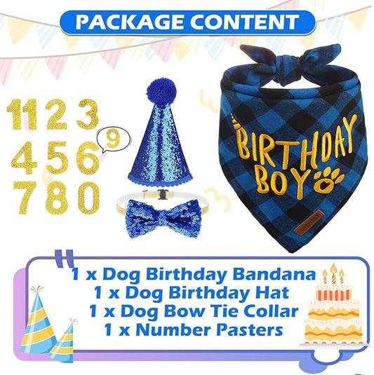 EXPAWLORER Dog Birthday Party Supplies - Dog Birthday Bandana Scarf and Party Hat with Numbers Boy Girl Pet Bow Tie, Cute Outfit for Small Medium Large Dogs (Large)