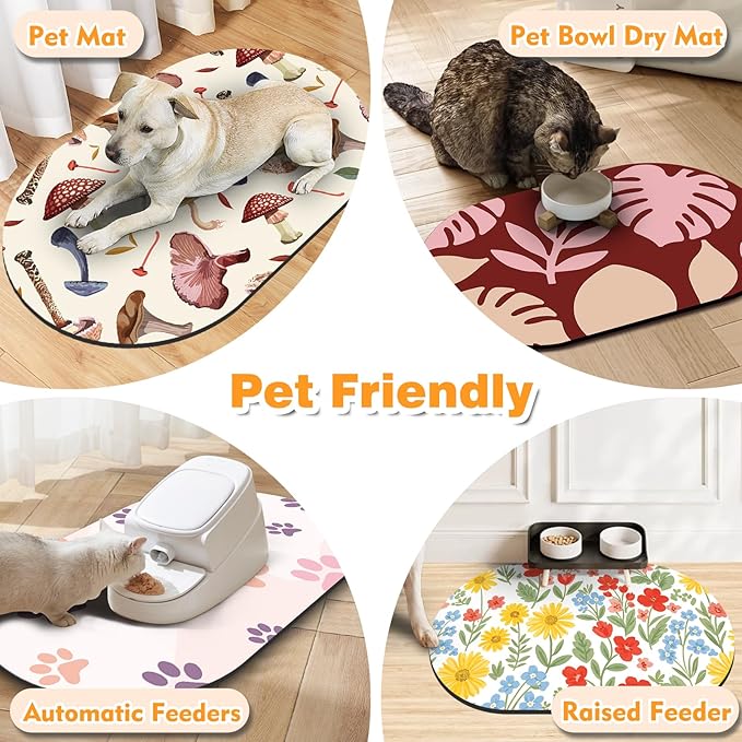 Large Pet Feeding Mat – 28''x17'' Absorbent Dog Mat for Food and Water, Easy Clean Cat Dog Water Bowl Mat, Non-Slip Pet Water Mat Protect Floor, Fit with Automatic Feeders and Double-Bowl, Mushroom