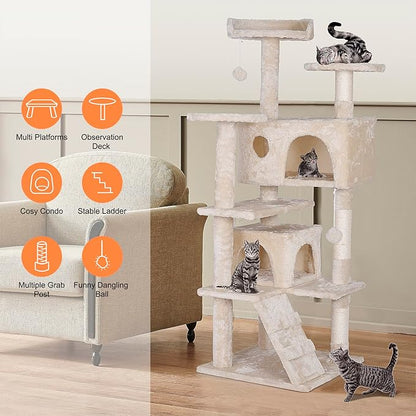 Premium Cat Tree 54-Inch Tall, Large Cat Condo Furniture with Sisal Posts and Plush Platforms, Luxury Lounger and Scratch Post for Happy Indoor Cats (Beige)