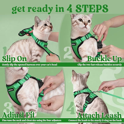 rabbitgoo Cat Harness and Leash for Walking, Escape Proof Soft Adjustable Vest Harnesses for Cats, Easy Control Breathable Reflective Strips Jacket, Grass Green, XXS
