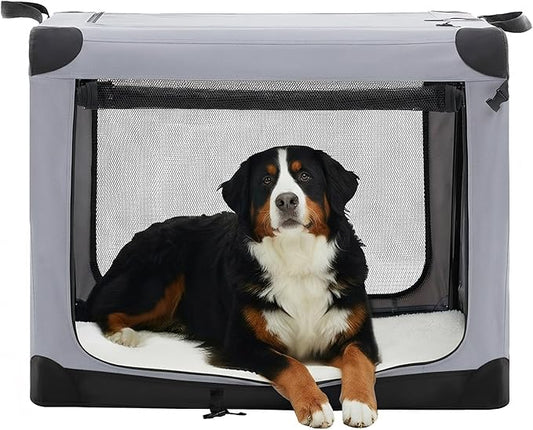 Dog Travel Crate 42 Inch, Portable Soft-Sided Travel Carriers for Dogs and Cats, Foldable Pet Kennel with 3-Doors Mesh Windows Indoor & Outdoor, Grey